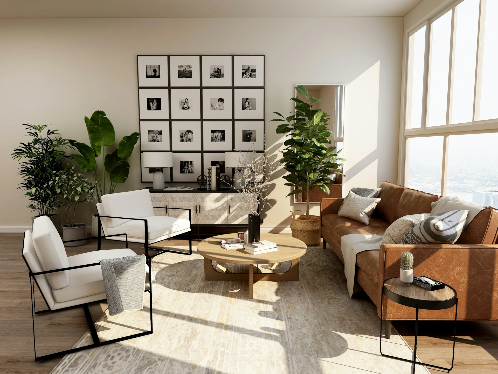 Sunlit living room with beautifully finished walls and contemporary furnishings