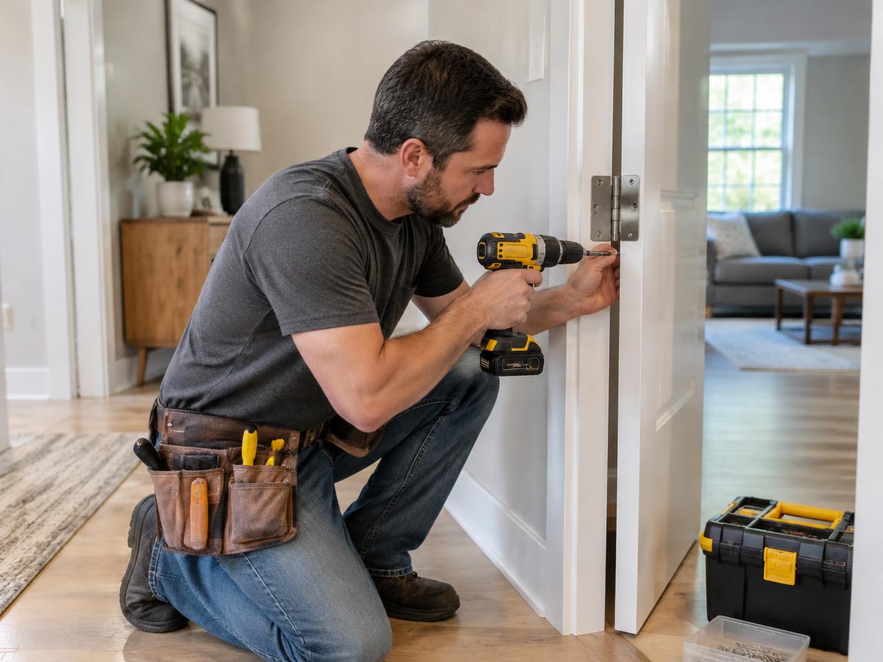 Handyman adjusting an interior door hinge with a cordless drill